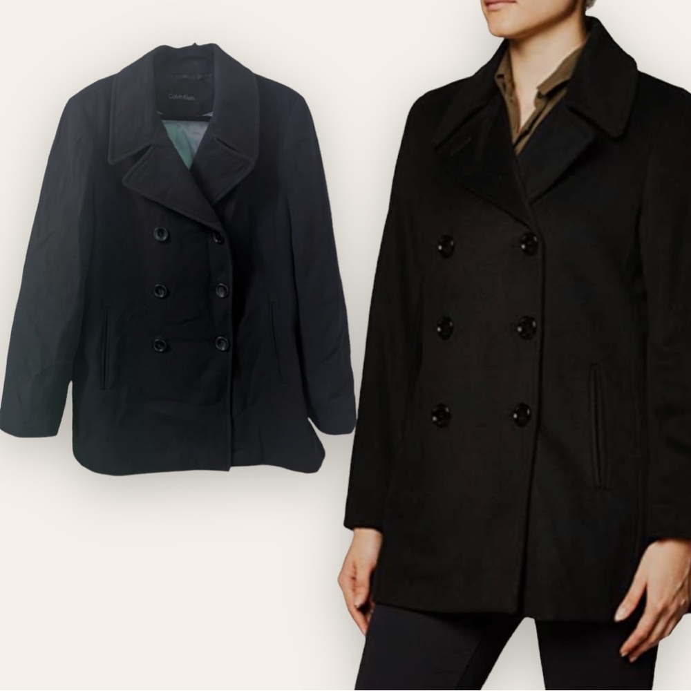 CALVIN KLEIN - Double Breasted Wool Blend Classic Pea Coat BLACK Blazer Jacket